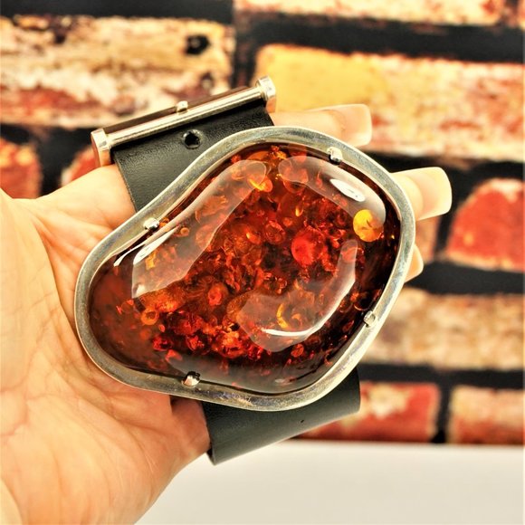 SUPER HUGE AMBER STERLING LEATHER RARE BRACELET 9 BY AMBERMODA UNISEX - Picture 11 of 16